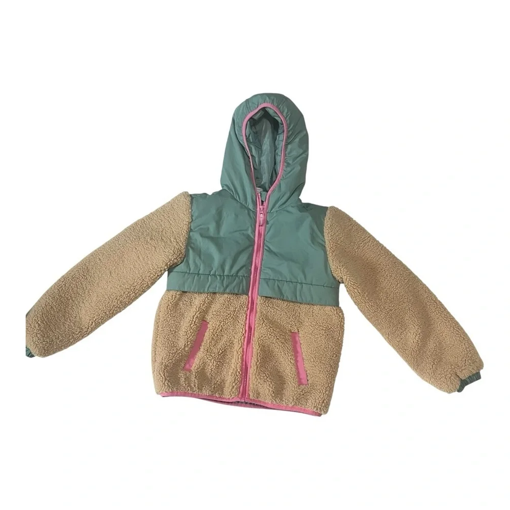 wonder nation Teal, Tan & Pink Hooded Sherpa Bomber Jacket